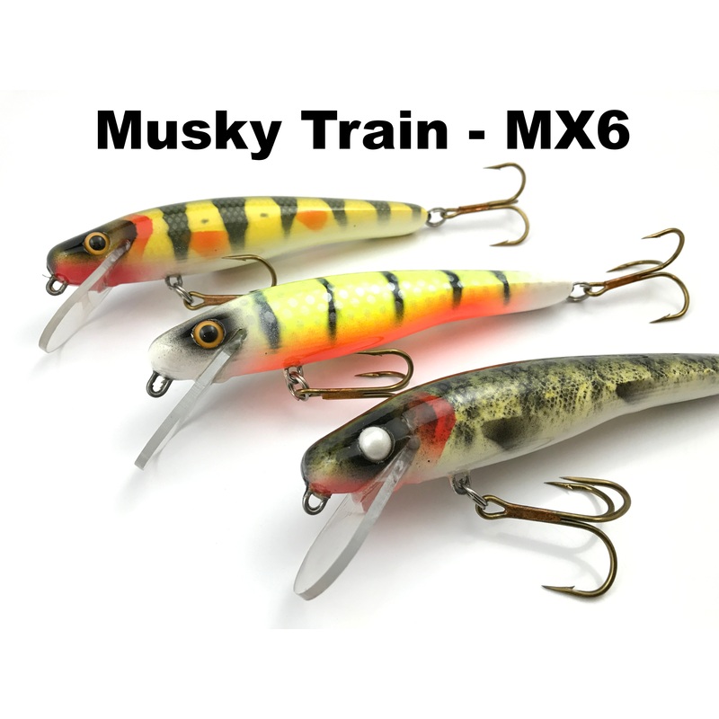 Muskie Train MX6|Blue Frog|Brown Perch* (TRO Exclusive)|Criminal|Copper Carp (TRO Exclusive)*|Firetiger|Ghost Walleye (TRO Exclusive)|Glitter Perch|Green N Gold Perch (TRO Exclusive)|Hanson Bluegill|Ice Cold Perch|Ice Walleye (TRO Exclusive)|Mother of Pea