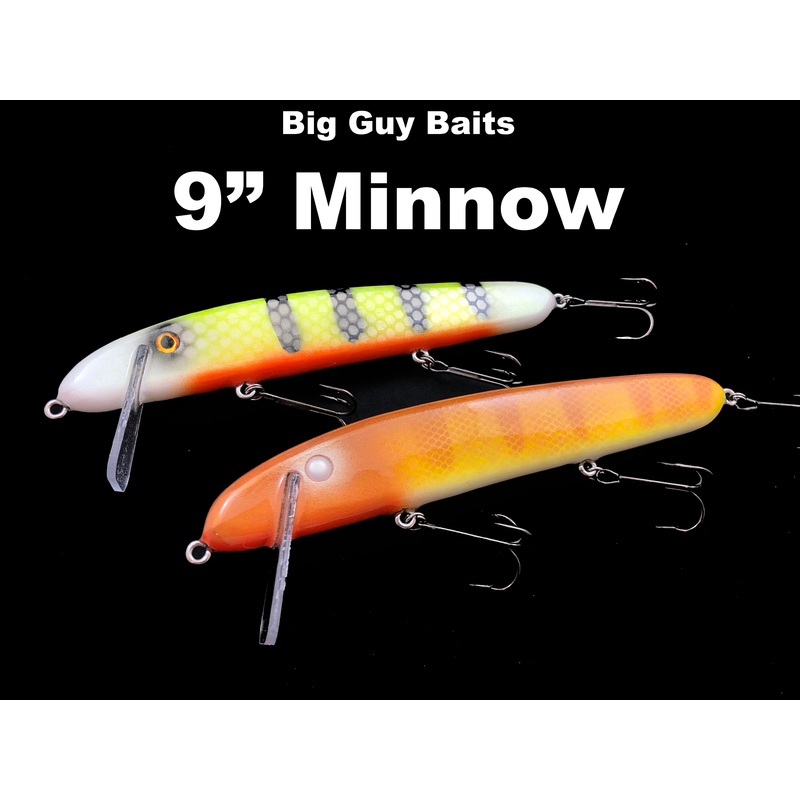 Big Guy Baits 9 Minnow|Ball Buster (TRO Exclusive)|Black Perch|Chartreuse Walleye (TRO Exclusive)|Firetiger (TRO Exclusive)|Golden Walleye (TRO Exclusive)|Ice Cold Perch|Perch|Pink Perch (TRO Exclusive)|Shiner (TRO Exclusive)|Sucker|Walleye