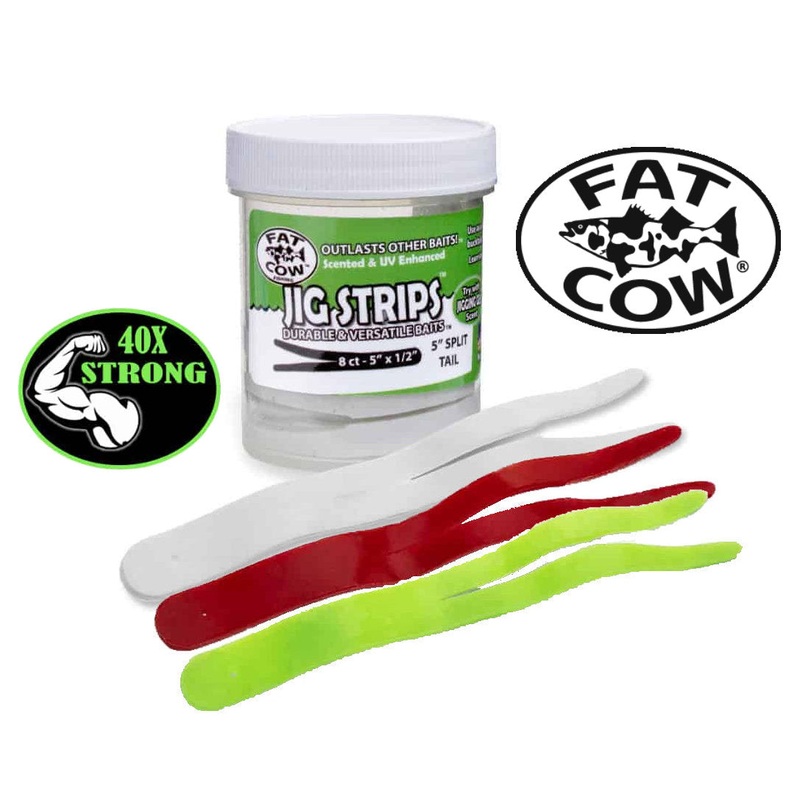 Fat Cow Split Tail Jig Strips|Blood Red|Chartreuse|Ghost White