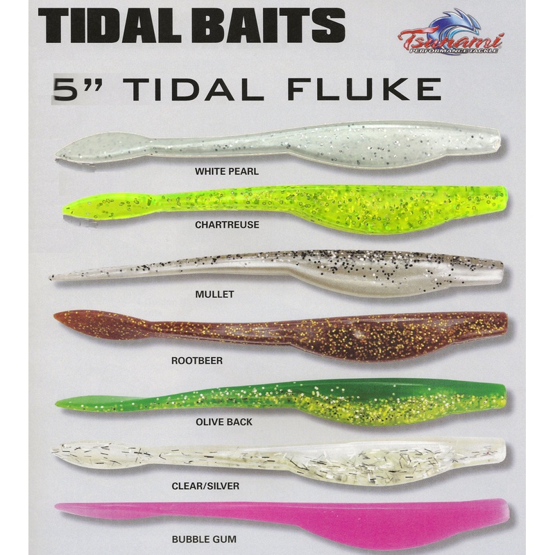 Tsunami Tidal Fluke|White Pearl|Chartreuse|Mullet|Clear/Silver|Rootbeer|Olive Back|Bubblegum
