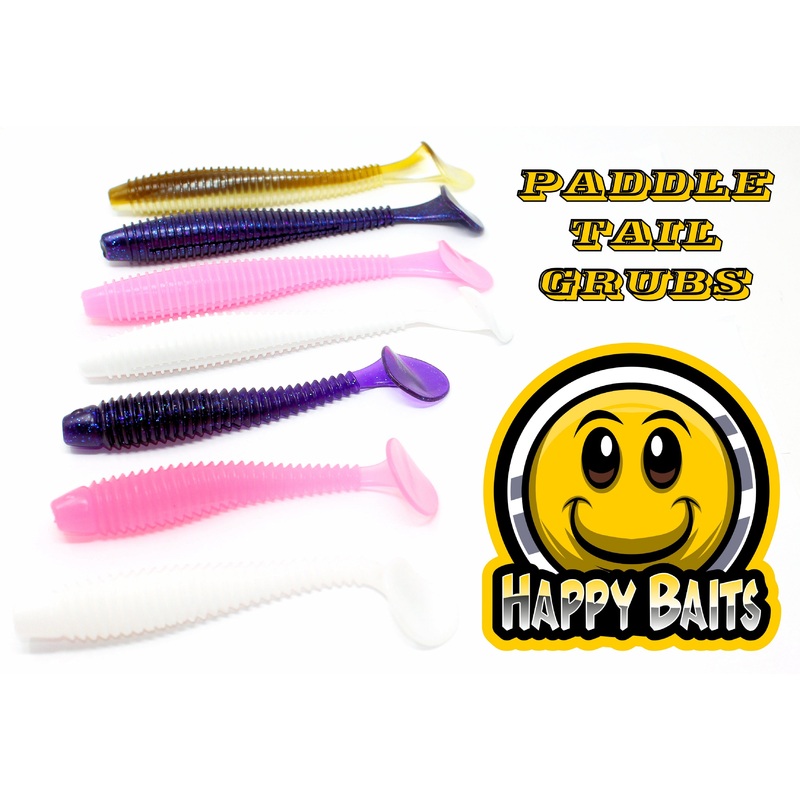 Happy Baits Paddle Tail Grub|5 Inch|7 Inch|4 Inch|Bubblegum Pink|Purple|White|Sand Eel