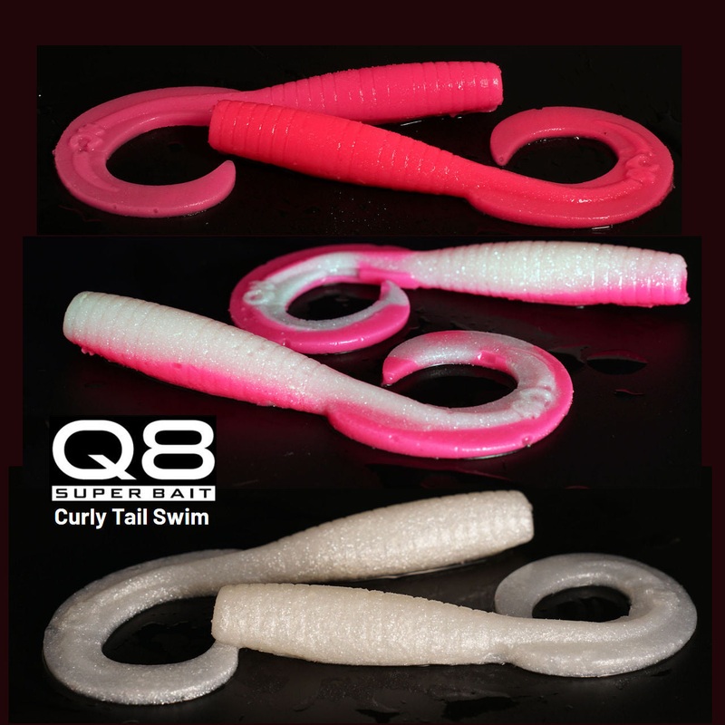 Q8 Super Bait Curly Tail Swim|5 Inch (5 Pk)|6-7″ Inch (4 Pk)|Hot Pink|Pink-N-Glow|White Pearl|White Pearl Glow