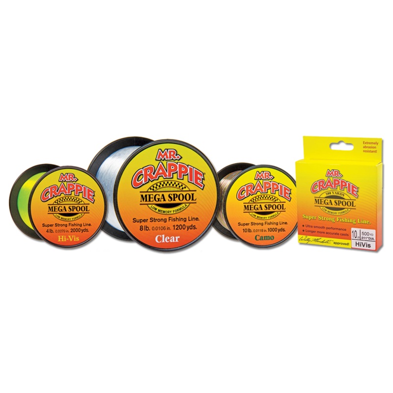 Mr. Crappie Mega Spool Line|Clear|Hi-Vis|Camo|4lb|6lb|8lb|500yd