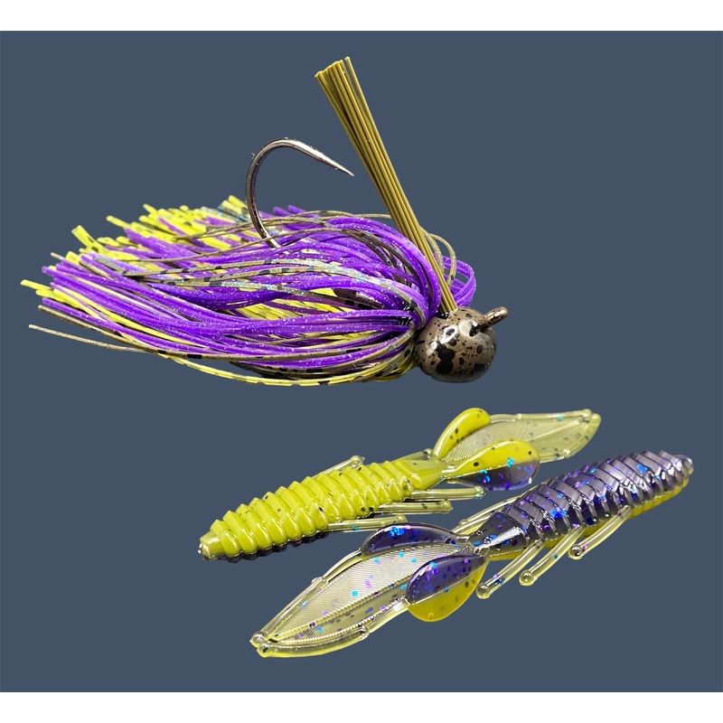 Big League Combo – Football|3/8 oz. Football Jig|1/2 oz. Football Jig|Luau|Magic Craw|Big “O”|Swamp Juice|Pumpkin Spice|Envy|Black Sapphire|GP Flash|Ol’ Skool|Black Cherry|Bed Wrecker|Commotion Craw|Grub 3.5”